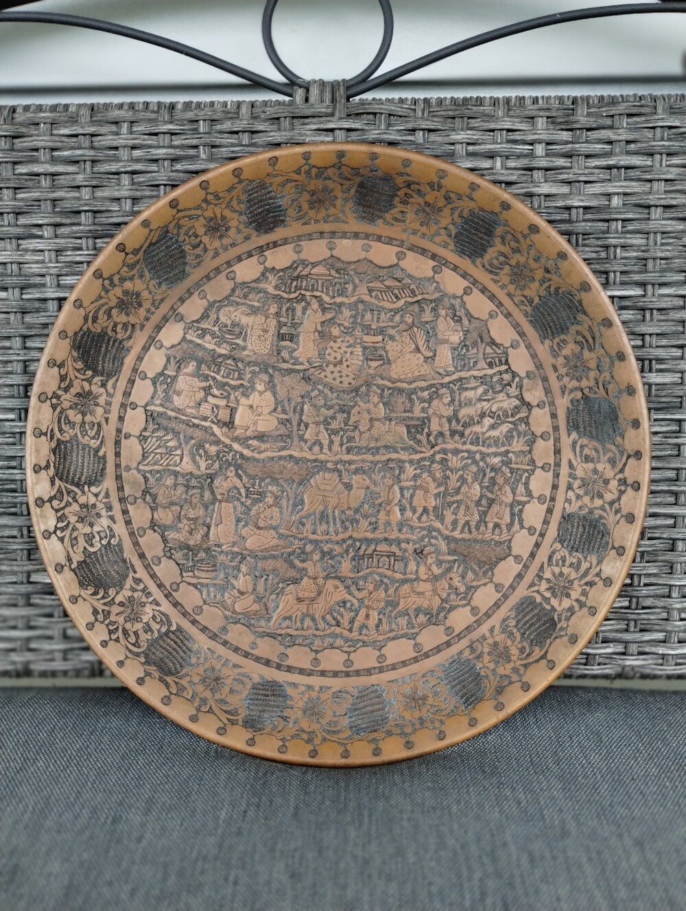 Vintage 15" Persian Figural Engraved Copper Decorative Plate 2.6 lbs